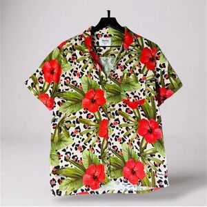 Duvin Design Mens Medium Aloha Shirt Floral Leopard Print Resort Camp‎ Button Up